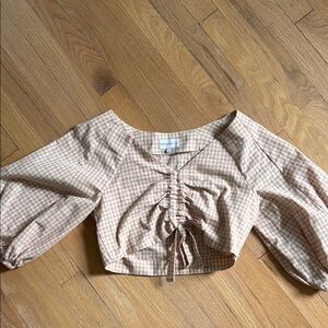 Pink and Tan checkered Ruched Crop Blouse with balloon sleeves
